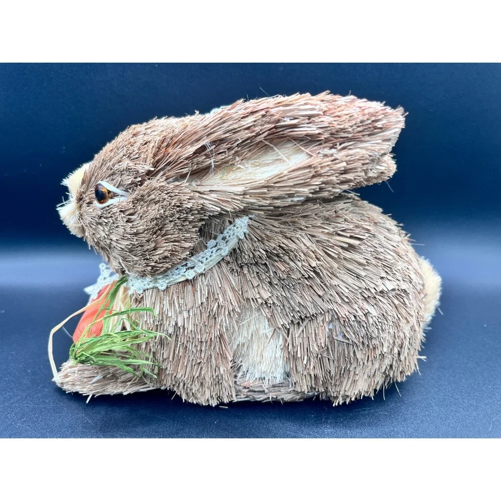 Rustic Sisal Straw Bunny Figurine‎ Easter Decor Brown Rabbit Carrot Lace 6